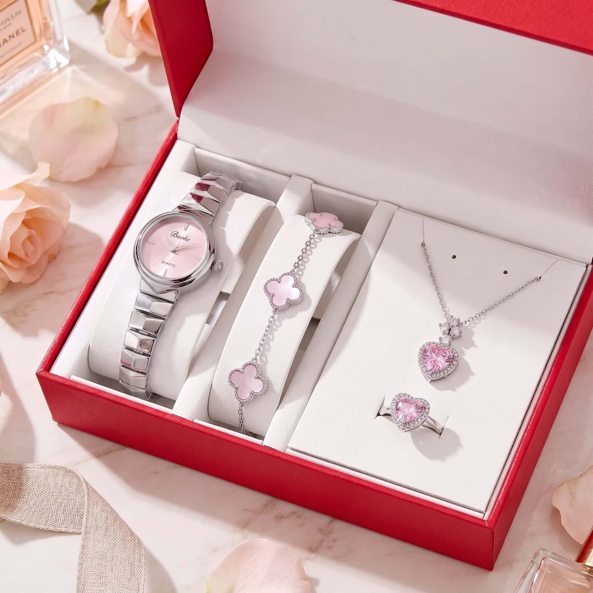 4pcs Of Stylish Women's Jewelry & Watch Set, Including Stainless Steel Analog Watch, Clover Bracelet, Heart Pendant Necklace, And Ring With Red Box