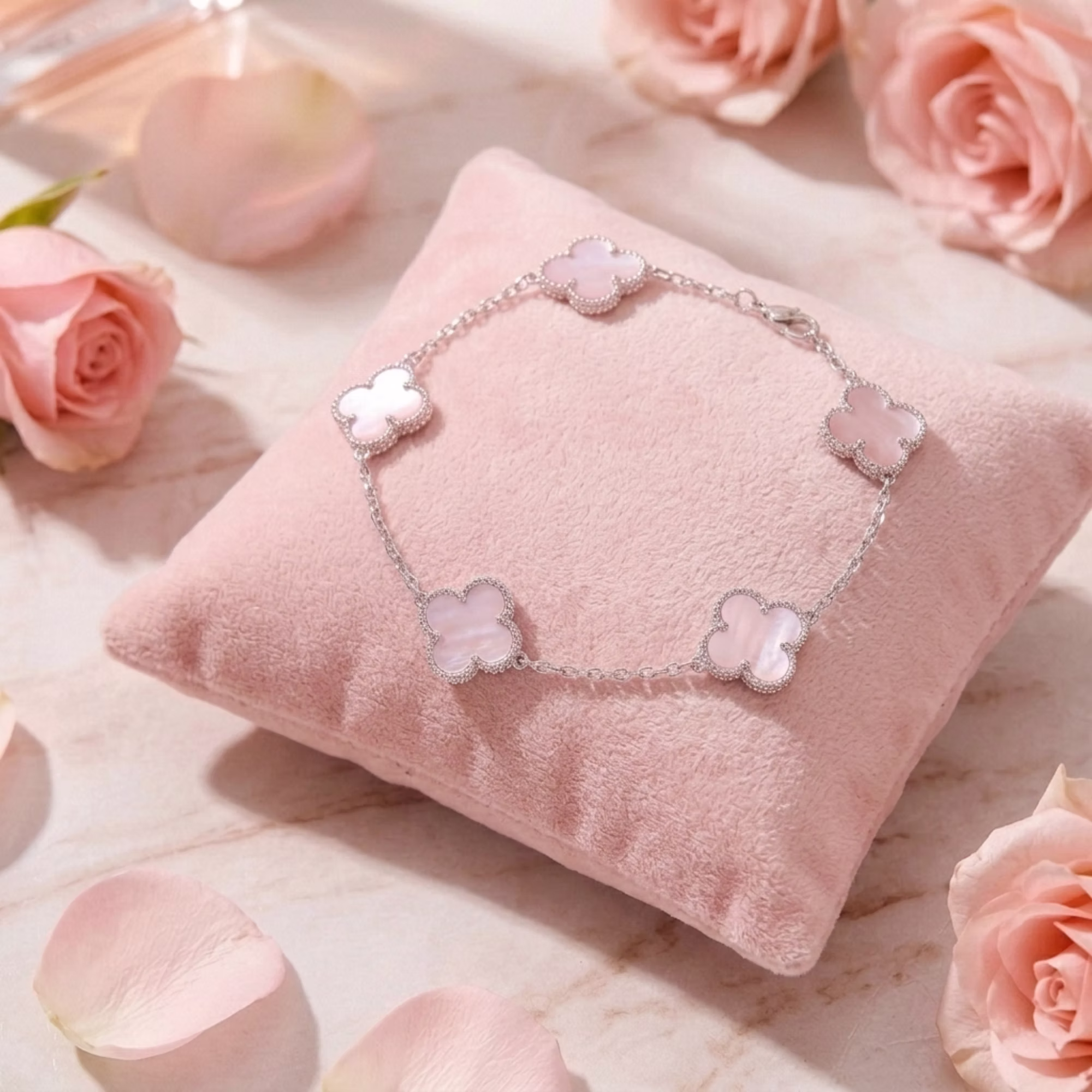 4pcs Of Stylish Women's Jewelry & Watch Set, Including Stainless Steel Analog Watch, Clover Bracelet, Heart Pendant Necklace, And Ring With Red Box