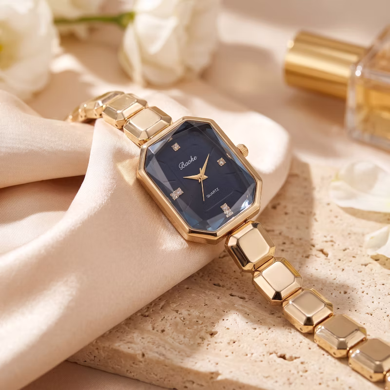 Luxury Emerald-Cut Octagon Dress Watch, Premium Stainless Steel Block Link Bracelet, Geometric Faceted Glass Face, Black Dial Crystal Quartz Wristwatch, Ladies Jewelry Timepiece Gift