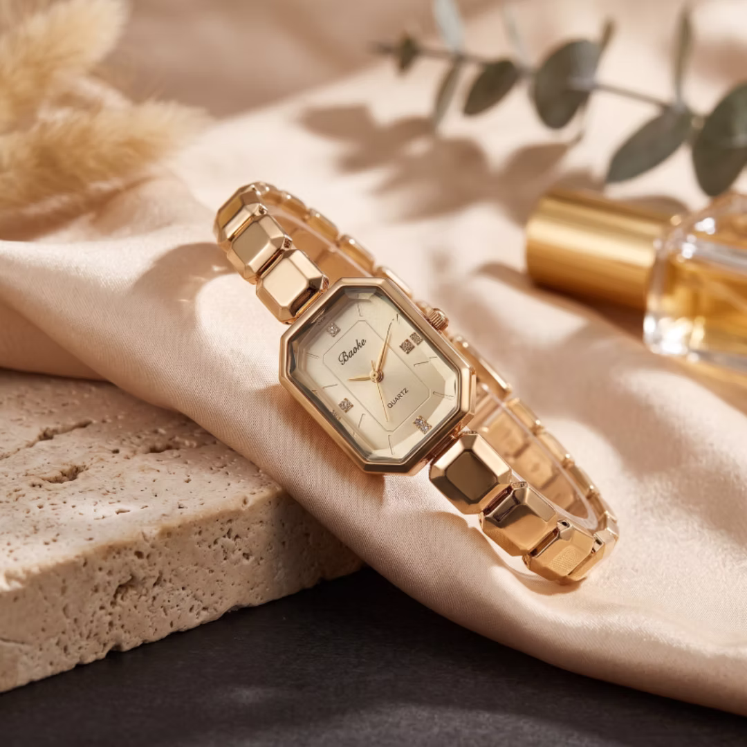 Luxury Emerald-Cut Octagon Dress Watch, Water Resistant Stainless Steel Block Link Bracelet, Faceted 3D Glass Dial Crystal Quartz Wristwatch