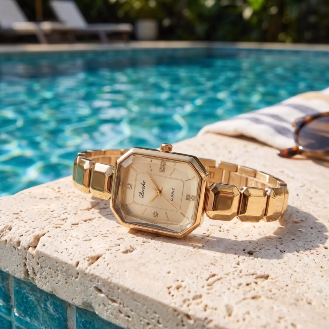 Luxury Emerald-Cut Octagon Dress Watch, Water Resistant Stainless Steel Block Link Bracelet, Faceted 3D Glass Dial Crystal Quartz Wristwatch